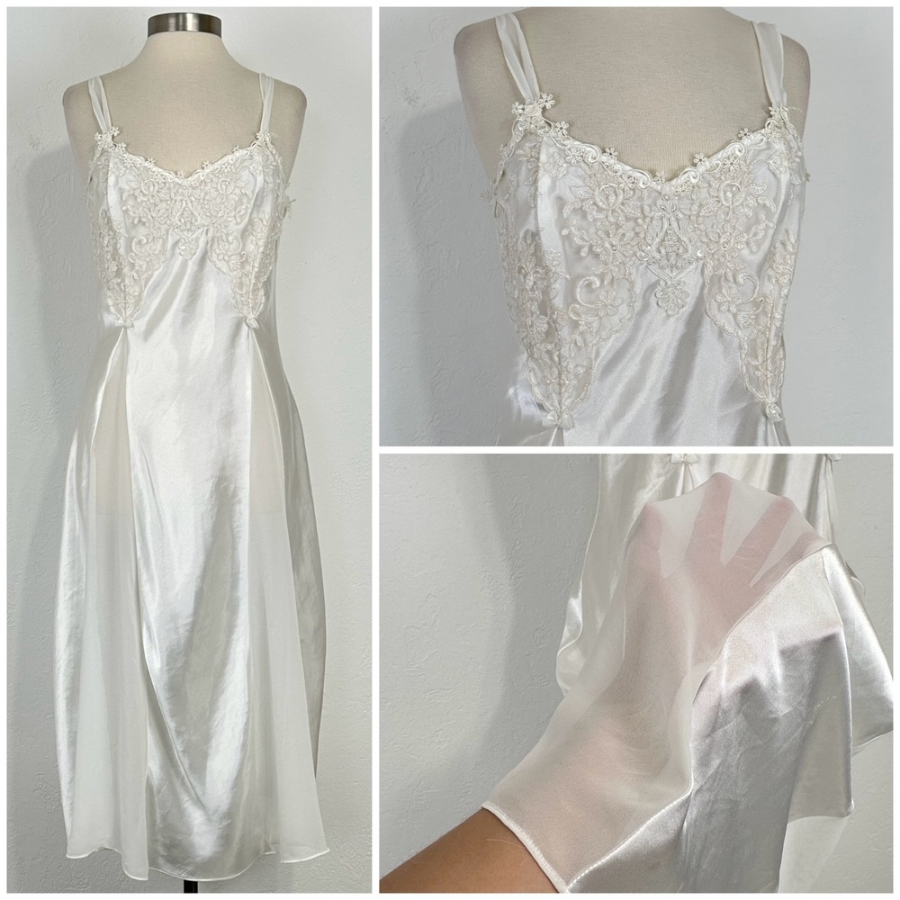 Vintage Dentelle Coquette Whimsical Satin Slip Dress Sz Small Floral Lace Sheer